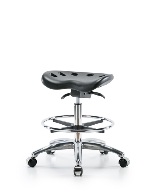 Blue Ridge Ergonomics PTMBSO-CR-CF-CC-BLK Polyurethane Tractor Sit-Stand Stool Chrome - Medium Bench Height with Chrome Foot Ring & Chrome Casters in Black Polyurethane