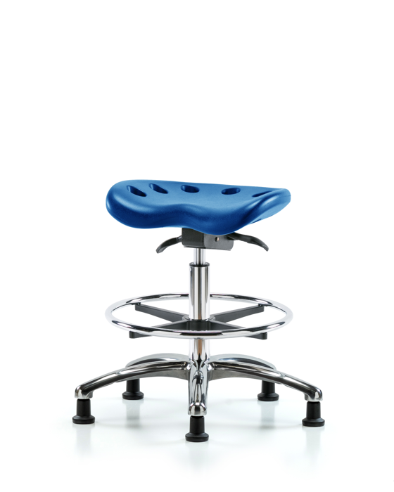Blue Ridge Ergonomics PTMBSO-CR-CF-RG-BLU Polyurethane Tractor Sit-Stand Stool Chrome - Medium Bench Height with Chrome Foot Ring & Stationary Glides in Blue Polyurethane