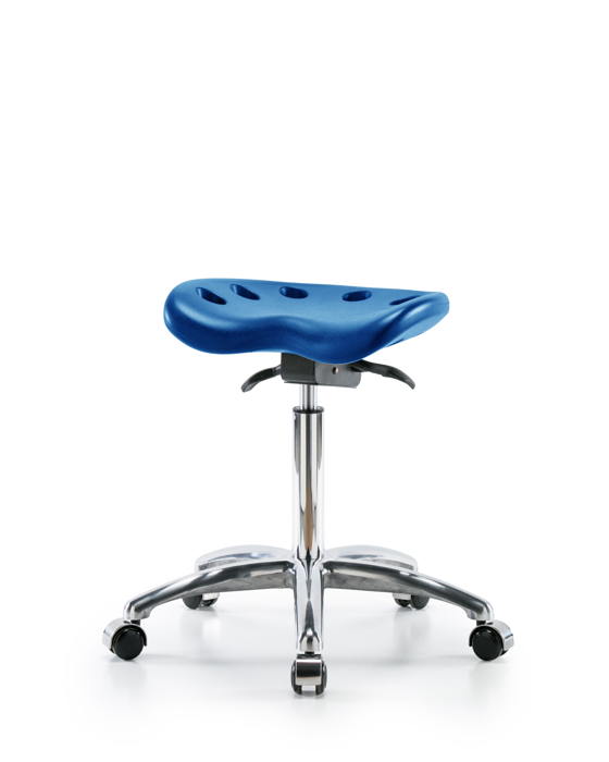Blue Ridge Ergonomics PTMBSO-CR-NF-CC-BLU Polyurethane Tractor Sit-Stand Stool Chrome - Medium Bench Height with Chrome Casters in Blue Polyurethane