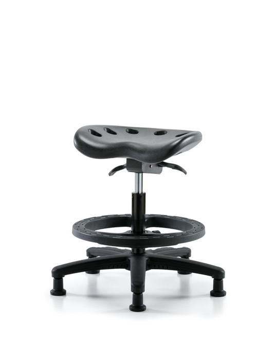 Blue Ridge Ergonomics PTMBSO-RG-BF-RG-BLK Polyurethane Tractor Sit-Stand Stool - Medium Bench Height with Black Foot Ring & Stationary Glides in Black Polyurethane