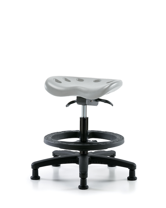 Blue Ridge Ergonomics PTMBSO-RG-BF-RG-GRY Polyurethane Tractor Sit-Stand Stool - Medium Bench Height with Black Foot Ring & Stationary Glides in Gray Polyurethane