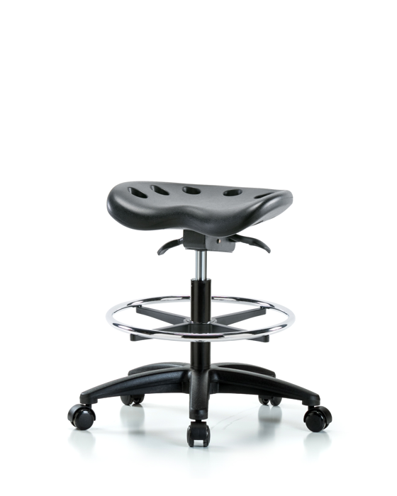 Blue Ridge Ergonomics PTMBSO-RG-CF-RC-BLK Polyurethane Tractor Sit-Stand Stool - Medium Bench Height with Chrome Foot Ring & Casters in Black Polyurethane