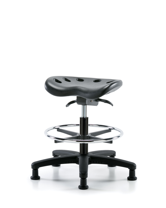 Blue Ridge Ergonomics PTMBSO-RG-CF-RG-BLK Polyurethane Tractor Sit-Stand Stool - Medium Bench Height with Chrome Foot Ring & Stationary Glides in Black Polyurethane