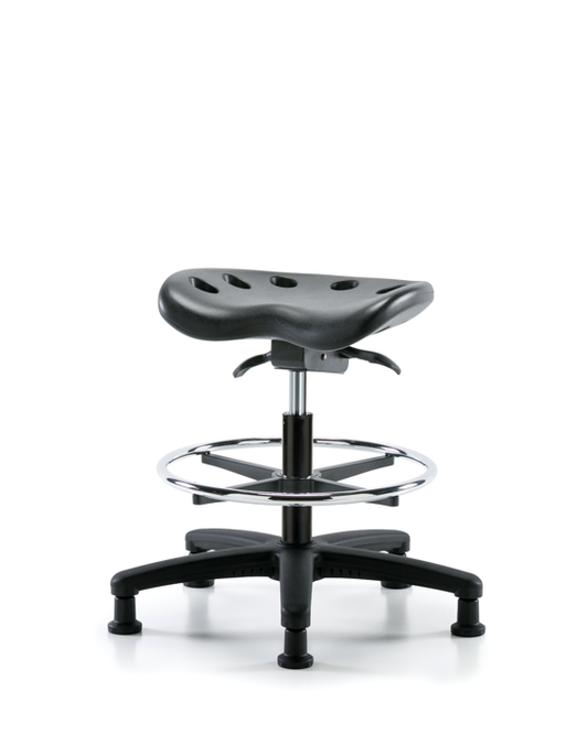 Blue Ridge Ergonomics PTMBSO-RG-CF-RG-BLK Polyurethane Tractor Sit-Stand Stool - Medium Bench Height with Chrome Foot Ring & Stationary Glides in Black Polyurethane