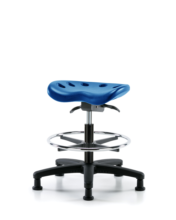 Blue Ridge Ergonomics PTMBSO-RG-CF-RG-BLU Polyurethane Tractor Sit-Stand Stool - Medium Bench Height with Chrome Foot Ring & Stationary Glides in Blue Polyurethane