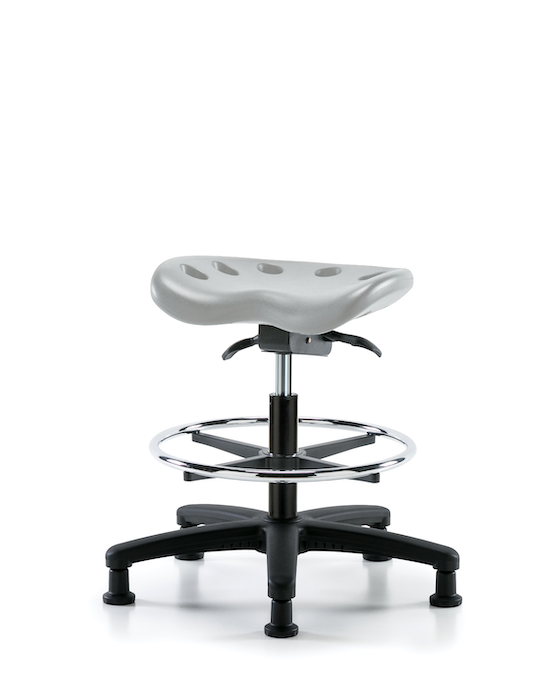 Blue Ridge Ergonomics PTMBSO-RG-CF-RG-GRY Polyurethane Tractor Sit-Stand Stool - Medium Bench Height with Chrome Foot Ring & Stationary Glides in Gray Polyurethane
