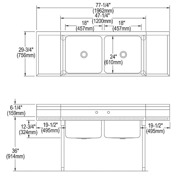 Elkay RNSF8236LR2 Rigidbilt® Stainless Steel 77-1/4" x 29-3/4" x 12-3/4" Floor Mount Double Compartment Scullery Sink Drainboard