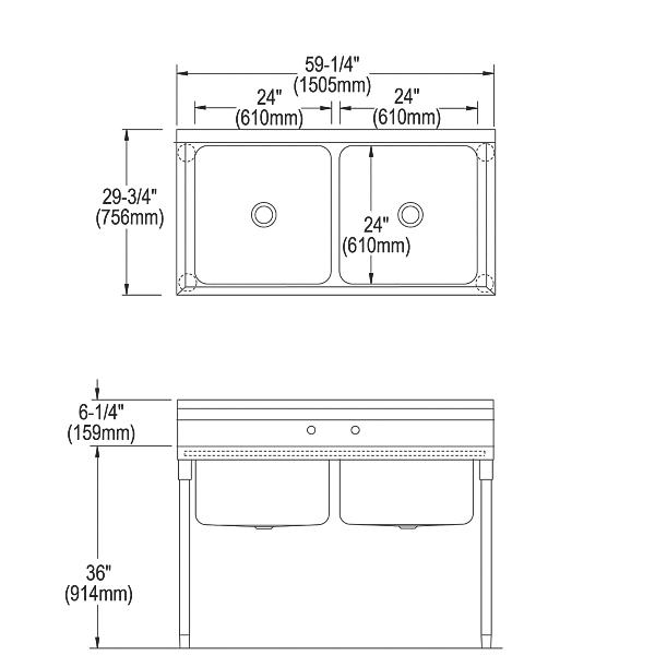 Elkay RNSF82482 Rigidbilt® Stainless Steel 59-1/4" x 29-3/4" x 12-3/4" Floor Mount Double Compartment Scullery Sink