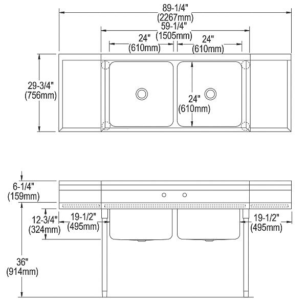 Elkay RNSF8248LR2 Rigidbilt® Stainless Steel 89-1/4" x 29-3/4" x 12-3/4" Floor Mount Double Compartment Scullery Sink Drainboard