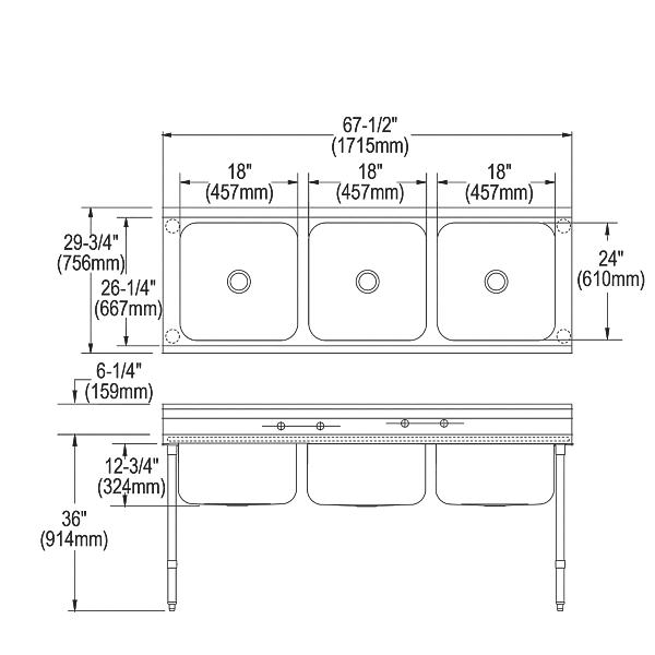 Elkay RNSF83544 Rigidbilt Stainless Steel 67-1/4" x 29-3/4" x 12-3/4" Floor Mount Triple Compartment Scullery Sink