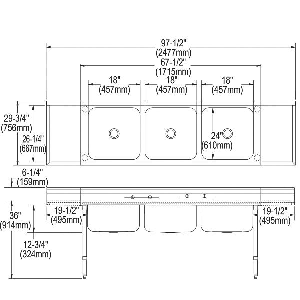 Elkay RNSF8354LR4 Rigidbilt® Stainless Steel 97-1/4" x 29-3/4" x 14" Floor Mount Triple Compartment Scullery Sink w/ Drainboard