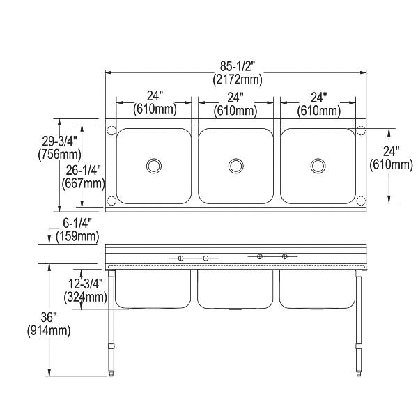 Elkay RNSF83724 Rigidbilt® Stainless Steel 85-1/2" x 29-3/4" x 12-3/4" Floor Mount Triple Compartment Scullery Sink