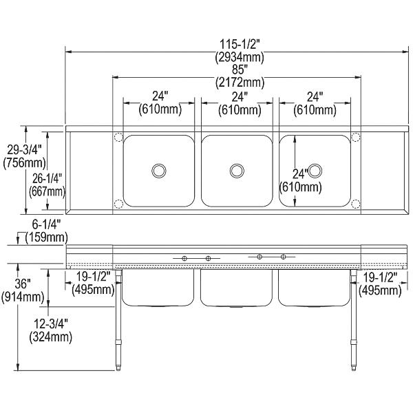 Elkay RNSF8372LR4 Rigidbilt® Stainless Steel 115-1/2" x 29-3/4" x 14" Floor Mount Triple Compartment Scullery Sink w/ Drainboard