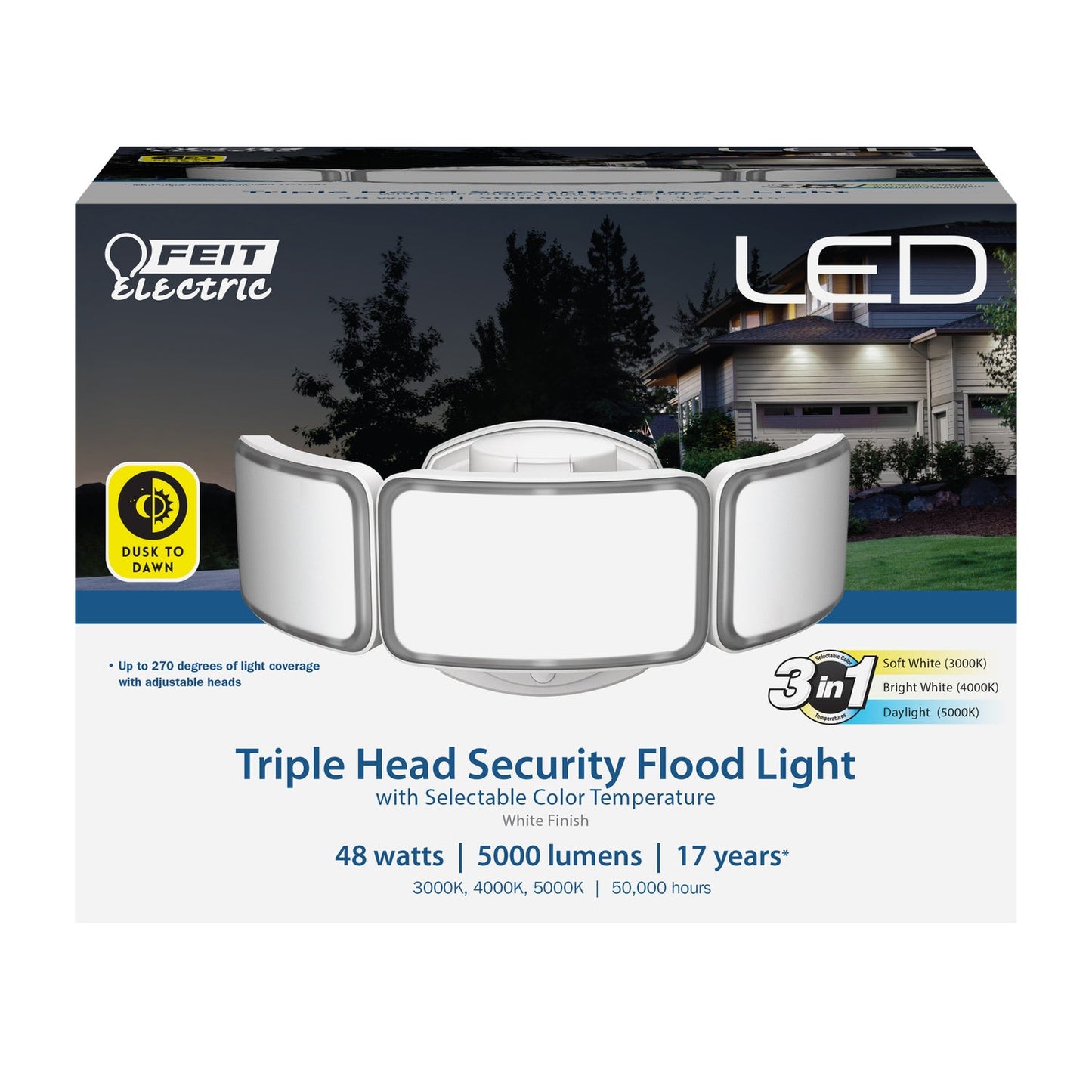 Feit Electric S10.5TFL/3CCT/DD/WH 10.5 in. 48W Selectable White (3CCT) White LED Triple Head Flood Light