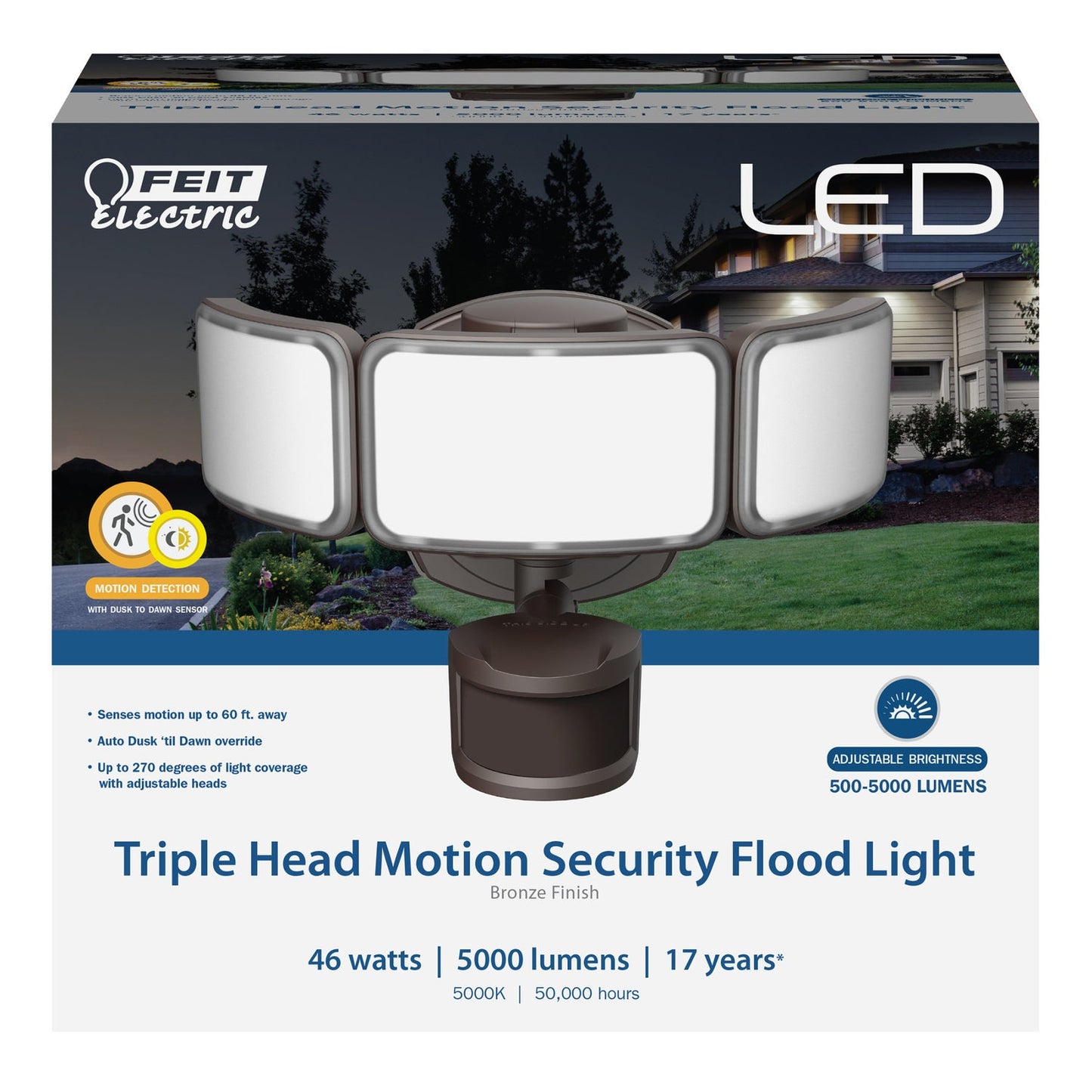 Feit Electric S10.5TFL/850/MOT/BZ 46W Daylight (5000K) Bronze Triple Head Dusk to Dawn Motion Sensor LED Flood Light