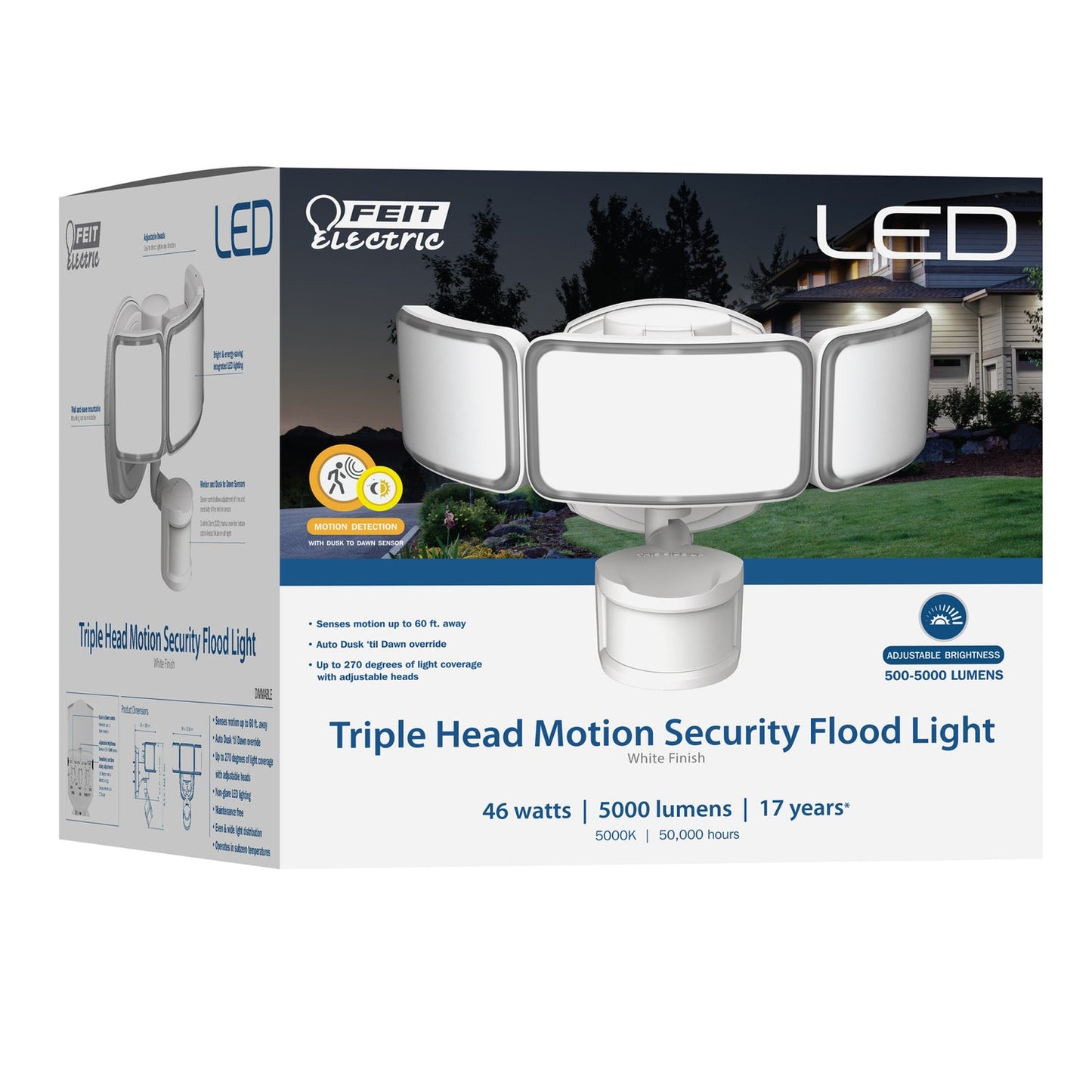 Feit Electric S10.5TFL/850/MOT/WH 10.5 in. 46W Daylight (5000K) Dimmable White LED Triple Head Motion Security Flood Light