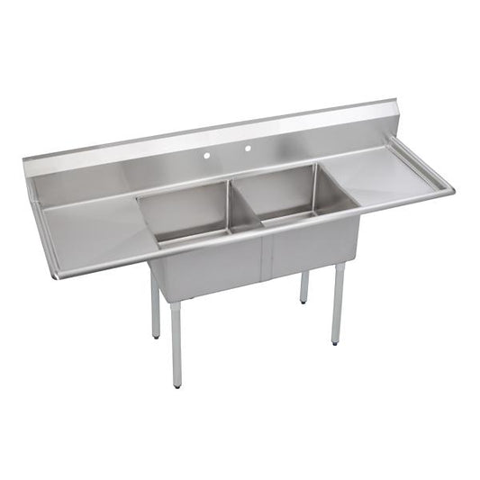 Elkay E2C20X20-2-20X Dependabilt Stainless Steel 82" x 25-13/16" x 43-3/4" 18 Gauge Two Compartment Sink w/ 20" Left and Right Drainboards and Stainless Steel Legs