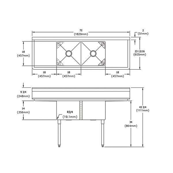 Elkay S2C18X18-2-18X Dependabilt Stainless Steel 72" x 23-13/16" x 43-3/4" 18 Gauge Two Compartment Sink w/ 18" Left and Right Drainboards and Stainless Steel Legs