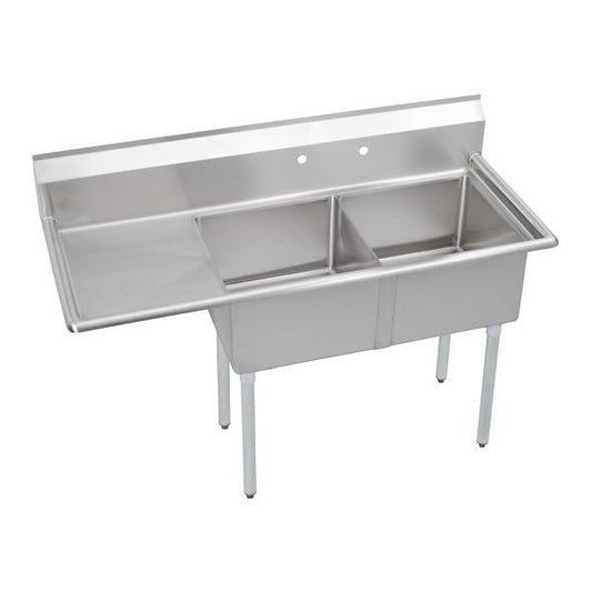 Elkay S2C18X18-L-18X Dependabilt Stainless Steel 56-1/2" x 23-13/16" x 43-3/4" 18 Gauge Two Compartment Sink w/ 18" Left Drainboard and Stainless Steel Legs