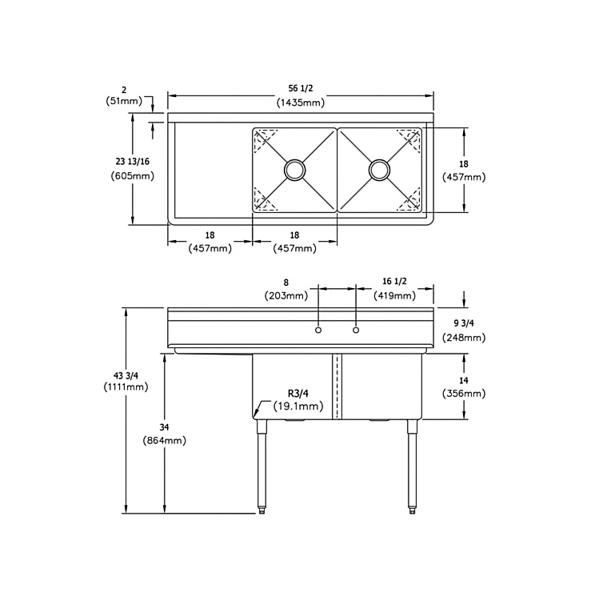 Elkay S2C18X18-L-18X Dependabilt Stainless Steel 56-1/2" x 23-13/16" x 43-3/4" 18 Gauge Two Compartment Sink w/ 18" Left Drainboard and Stainless Steel Legs