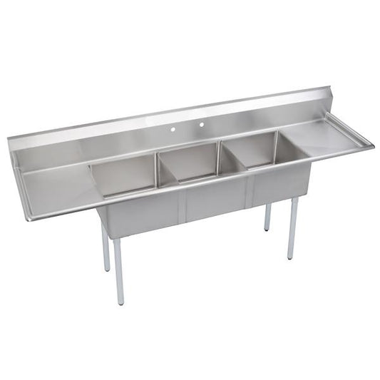 Elkay S3C24X24-2-24X Dependabilt Stainless Steel 120" x 29-13/16" x 43-3/4" 18 Gauge Three Compartment Sink w/ 24" Left and Right Drainboards & Stainless Steel Legs