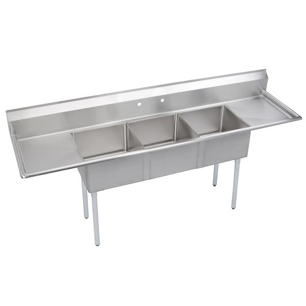 Elkay S3C18X18-2-18X Dependabilt Stainless Steel 90" x 23-13/16" x 43-3/4" 18 Gauge Three Compartment Sink w/ 18" Left and Right Drainboards and Stainless Steel Legs