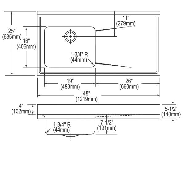 Elkay S4819L3 Lustertone Classic Stainless Steel 48" x 25" x 7-1/2" Single Bowl Sink Top with Drainboard