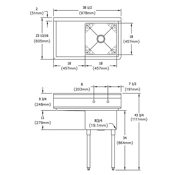 Elkay SE1C18X18-L-18X Dependabilt Stainless Steel 38-1/2" x 23-13/16" x 43-3/4" 18 Gauge One Compartment Sink w/ 18" Left Drainboard and Stainless Steel Legs