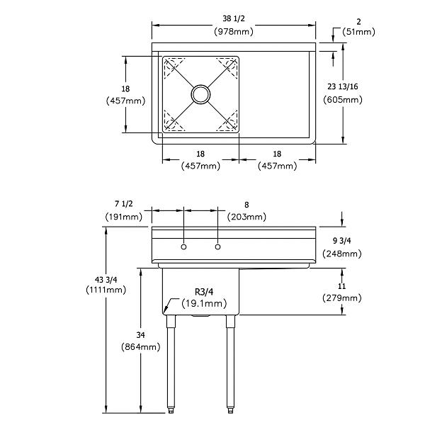 Elkay SE1C18X18-R-18X Dependabilt Stainless Steel 38-1/2" x 23-13/16" x 43-3/4" 18 Gauge One Compartment Sink w/ 18" Right Drainboard and Stainless Steel Legs