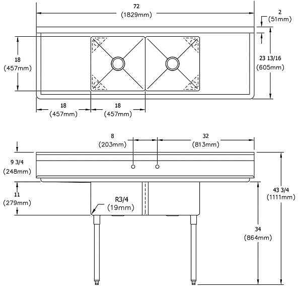 Elkay SE2C18X18-2-18X Dependabilt Stainless Steel 72" x 23-13/16" x 43-3/4" 18 Gauge Two Compartment Sink w/ 18" Left and Right Drainboards and Stainless Steel Legs