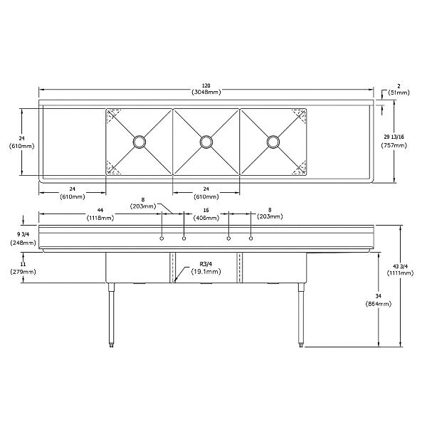 Elkay SE3C24X24-2-24X Dependabilt Stainless Steel 120" x 29-13/16" x 43-3/4" 18 Gauge Three Compartment Sink w/ 24" Left and Right Drainboards & Stainless Steel Legs