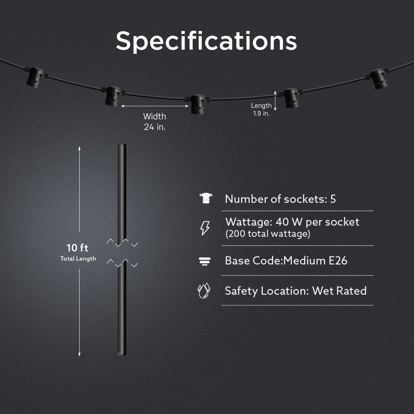 Feit Electric SL10-5/BLK 5 Socket 10-foot String Light Strand Without Bulbs