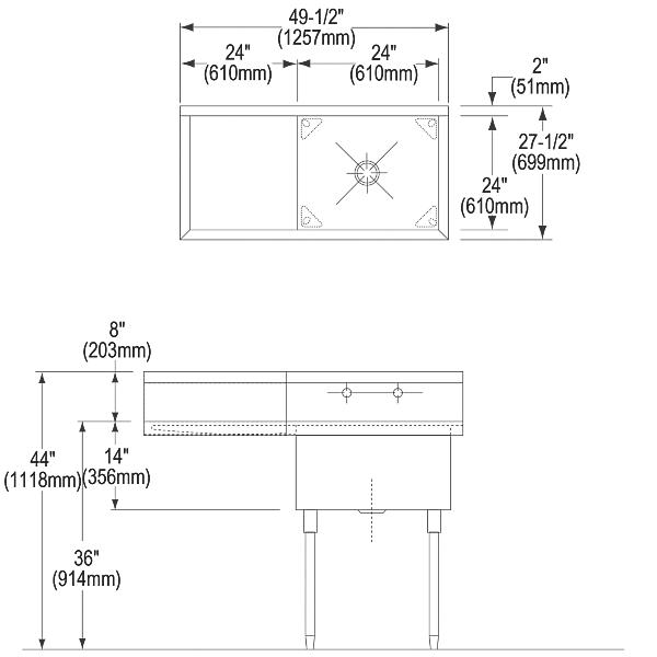 Elkay SS8124L2 Sturdibilt® Stainless Steel 49-1/2" x 27-1/2" x 14" Floor Mount Single Compartment Scullery Sink w/ Drainboard