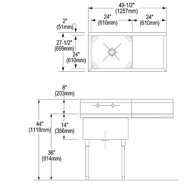 Elkay SS8124R2 Sturdibilt® Stainless Steel 49-1/2" x 27-1/2" x 14" Floor Mount Single Compartment Scullery Sink w/ Drainboard