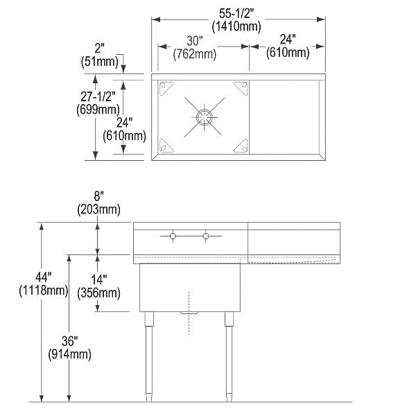 Elkay SS8130R2 Sturdibilt® Stainless Steel 55-1/2" x 27-1/2" x 14" Floor Mount Single Compartment Scullery Sink w/ Drainboard