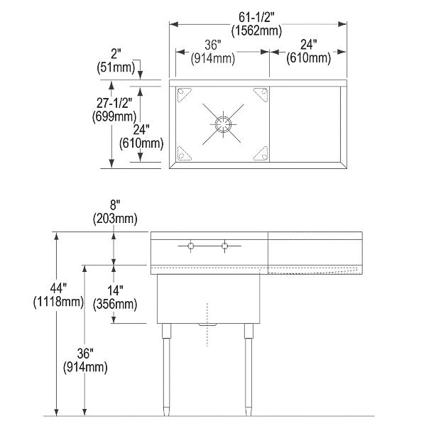 Elkay SS8136R2 Sturdibilt® Stainless Steel 61-1/2" x 27-1/2" x 14" Floor Mount Single Compartment Scullery Sink w/ Drainboard