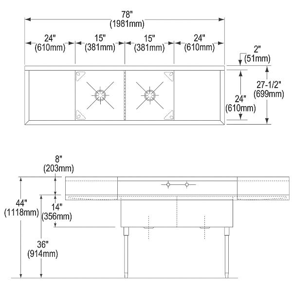 Elkay SS8230LR2 Sturdibilt® Stainless Steel 78" 27-1/2" x 14" Floor Mount Double Compartment Scullery Sink with Drainboard