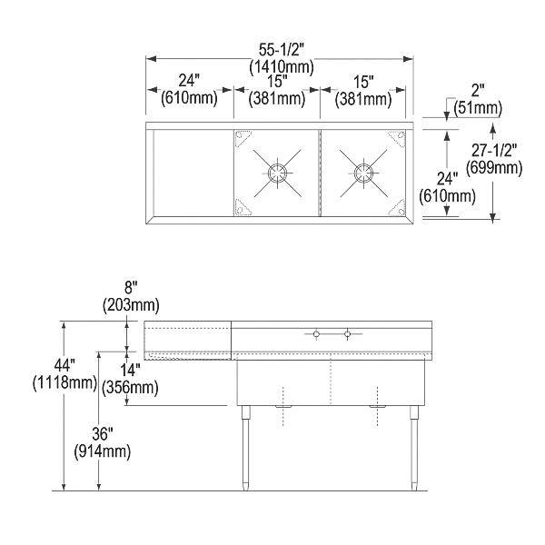 Elkay SS8230L2 Sturdibilt® Stainless Steel 55-1/2" x 27-1/2" x 14" Floor Mount Double Compartment Scullery Sink w/ Drainboard