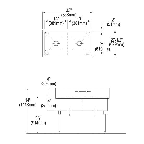 Elkay SS82302 Sturdibilt® Stainless Steel 33" x 27-1/2" x 14" Floor Mount Double Compartment Scullery Sink