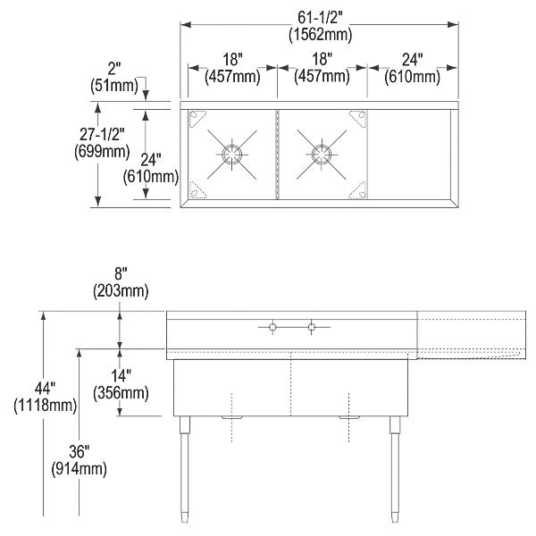 Elkay SS8236R2 Sturdibilt® Stainless Steel 61-1/2" x 27-1/2" x 14" Floor Mount Double Compartment Scullery Sink w/ Drainboard