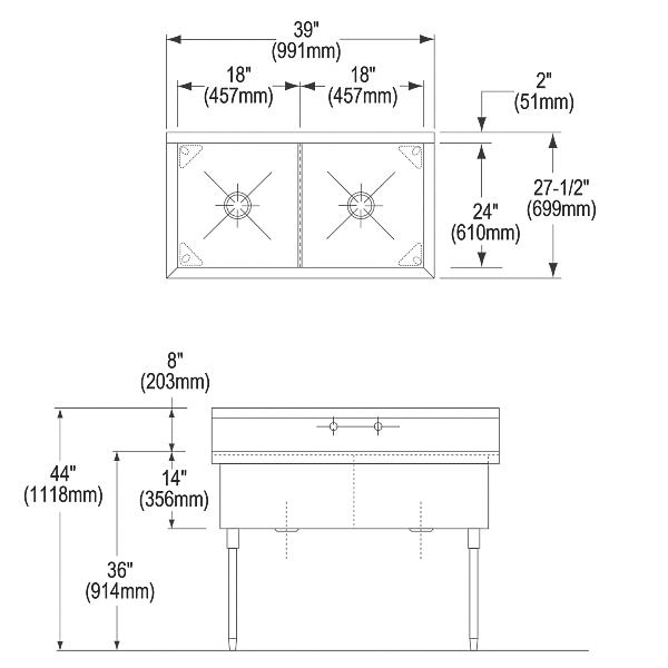 Elkay SS82362 Sturdibilt® Stainless Steel 39" x 27-1/2" x 14" Floor Mount Double Compartment Scullery Sink