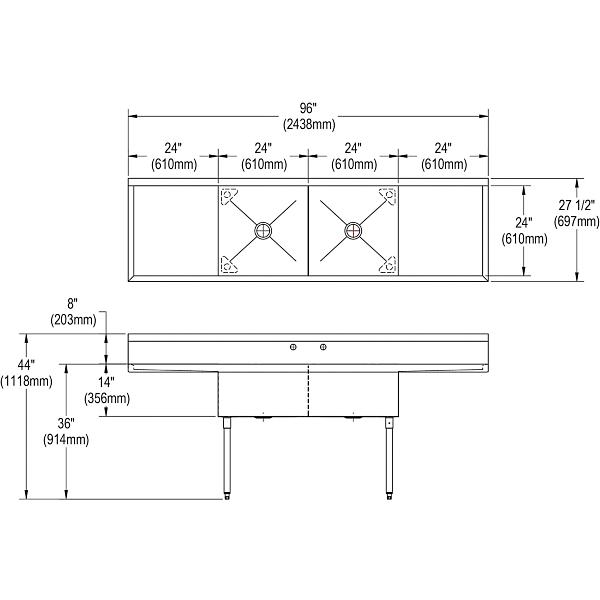 Elkay SS8248LR2 Sturdibilt® Stainless Steel 96" x 27-1/2" x 14" Floor Mount Double Compartment Scullery Sink with Drainboard