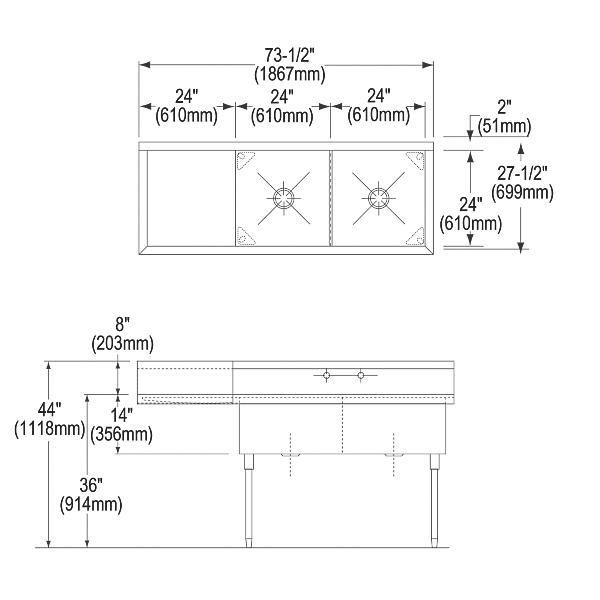 Elkay SS8248L2 Sturdibilt® Stainless Steel 73-1/2" x 27-1/2" x 14" Floor Mount Double Compartment Scullery Sink w/ Drainboard