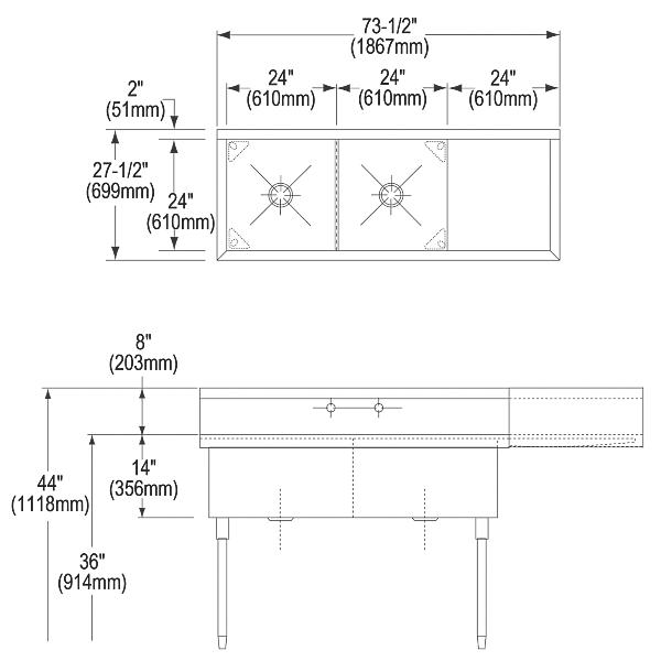 Elkay SS8248R2 Sturdibilt® Stainless Steel 73-1/2" x 27-1/2" x 14" Floor Mount Double Compartment Scullery Sink w/ Drainboard