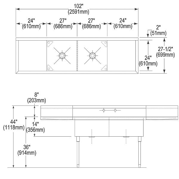 Elkay SS8254LR2 Sturdibilt® Stainless Steel 102" x 27-1/2" x 14" Floor Mount Double Compartment Scullery Sink with Drainboard