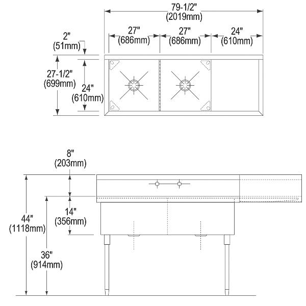 Elkay SS8254R2 Sturdibilt® Stainless Steel 79-1/2" x 27-1/2" x 14" Floor Mount Double Compartment Scullery Sink w/ Drainboard