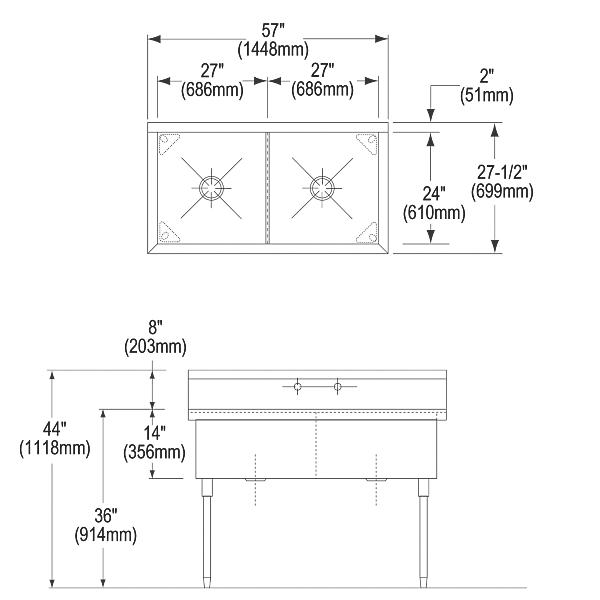 Elkay SS82542 Sturdibilt® Stainless Steel 57" x 27-1/2" x 14" Floor Mount Double Compartment Scullery Sink