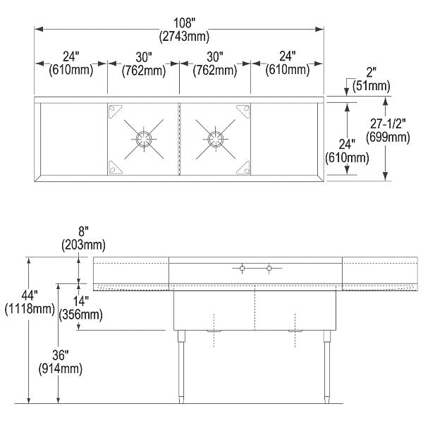 Elkay SS8260LR2 Sturdibilt® Stainless Steel 108" x 27-1/2" x 14" Floor Mount Double Compartment Scullery Sink with Drainboard