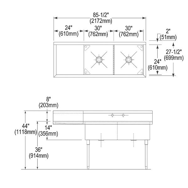 Elkay SS8260L2 Sturdibilt® Stainless Steel 85-1/2" x 27-1/2" x 14" Floor Mount Double Compartment Scullery Sink w/ Drainboard