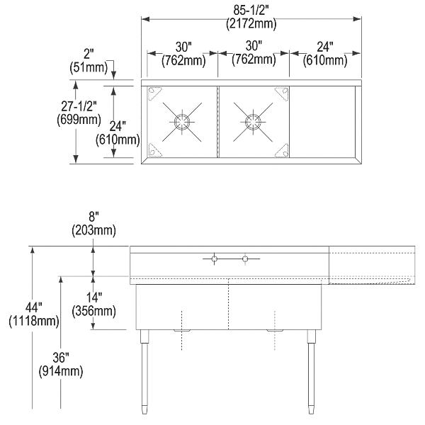 Elkay SS8260R2 Sturdibilt® Stainless Steel 85-1/2" x 27-1/2" x 14" Floor Mount Double Compartment Scullery Sink w/ Drainboard